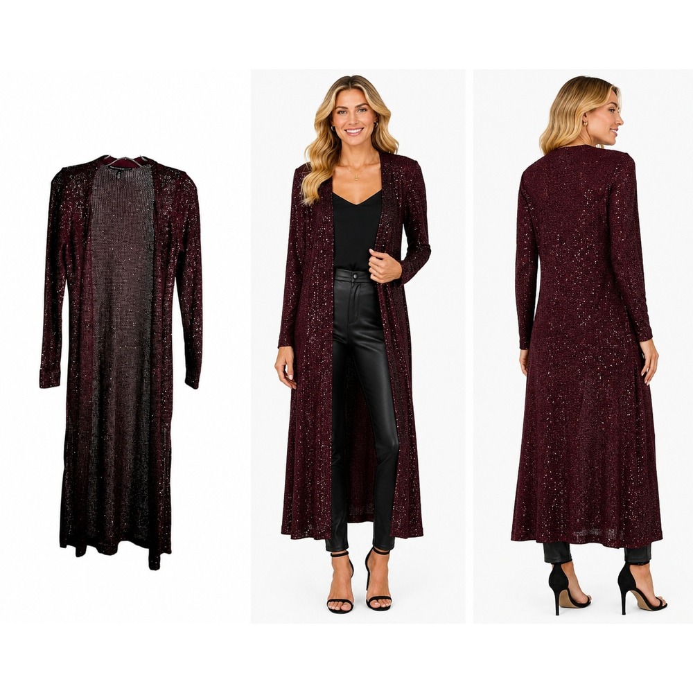 White House Black Market Cardigan Womens XS Burgundy Sequin Metallic Duster Knit